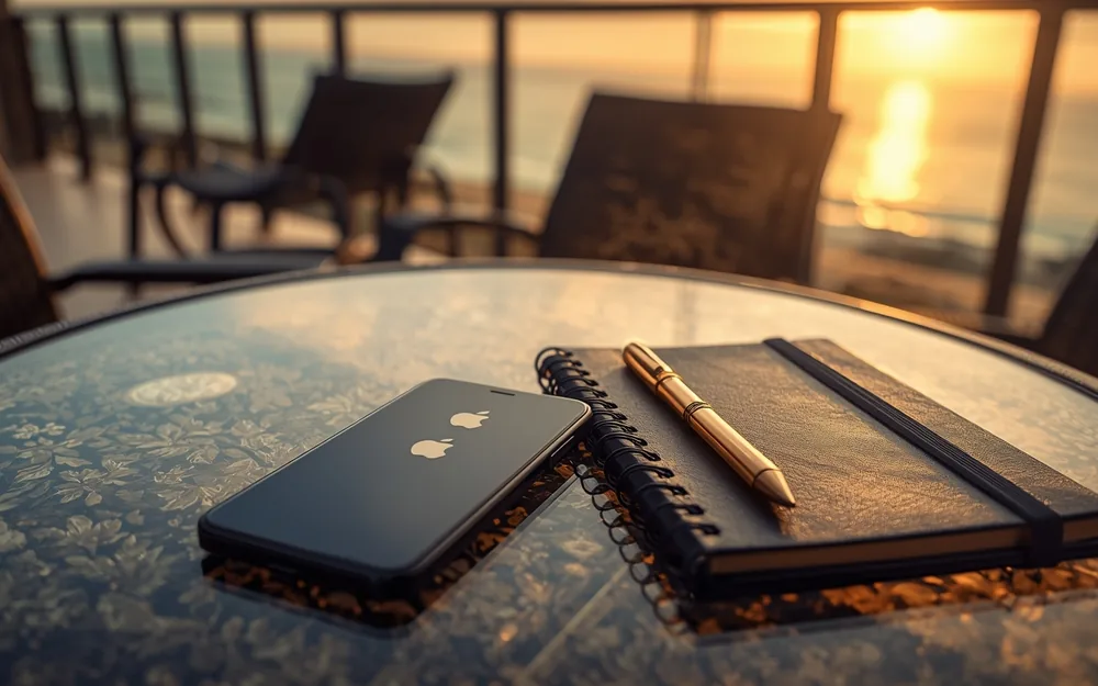 Phone and notebook by the ocean