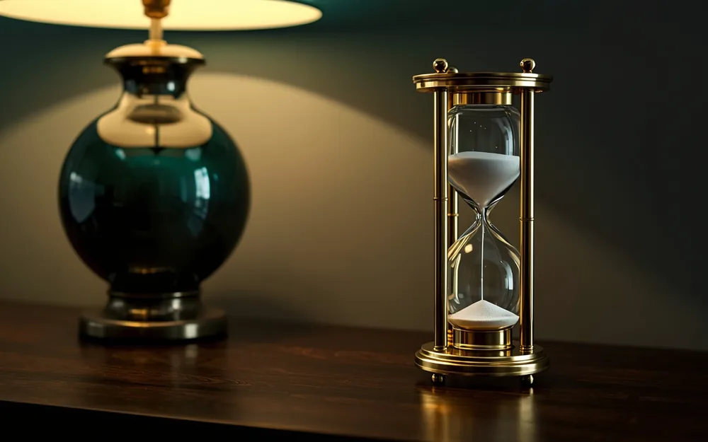 Brass hourglass on a walnut desk
