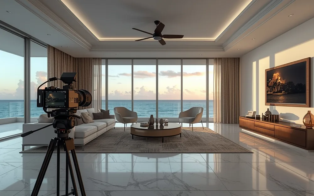 Camera on a tripod in a bright living room