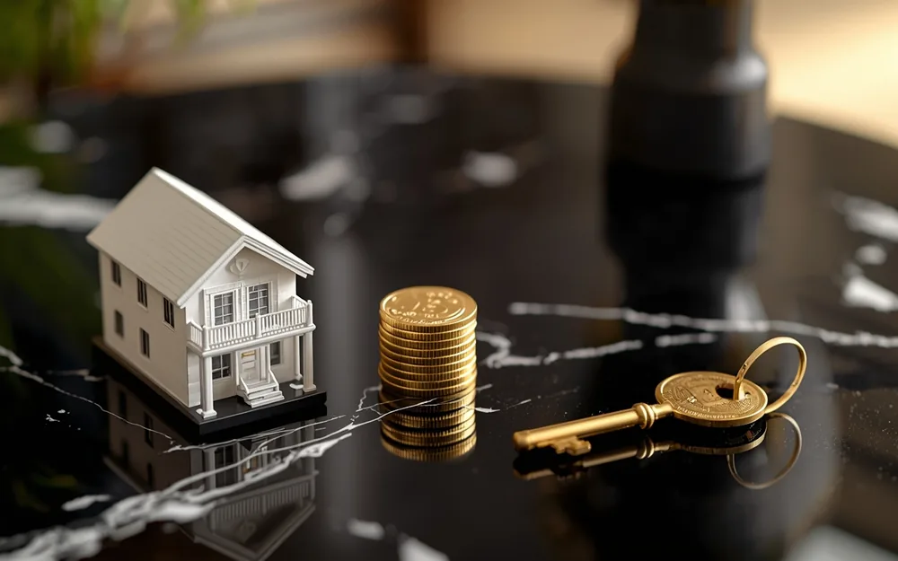 Model house beside gold coins and a key