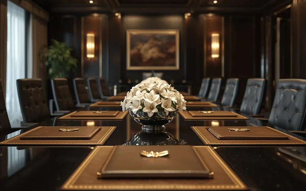 Closing table with leather portfolios