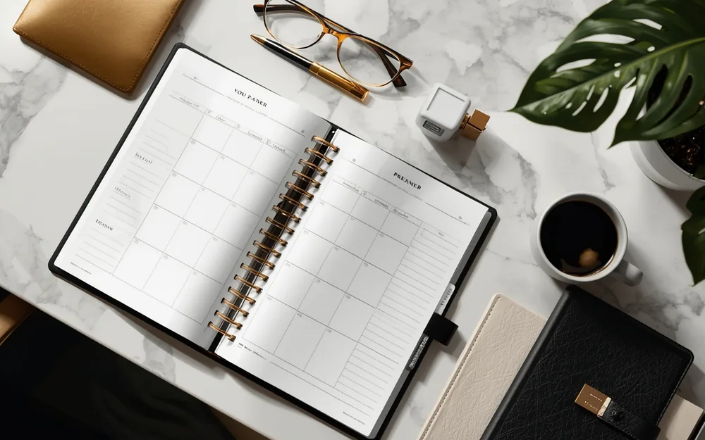 Open planner on a marble desk
