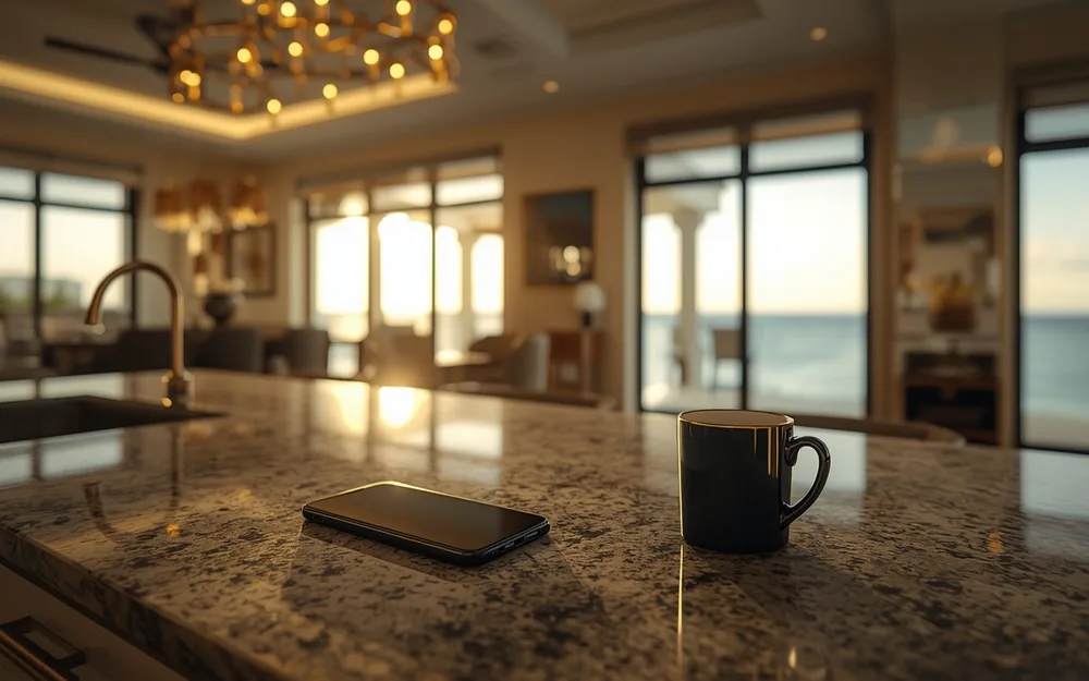 Phone on a stone kitchen island