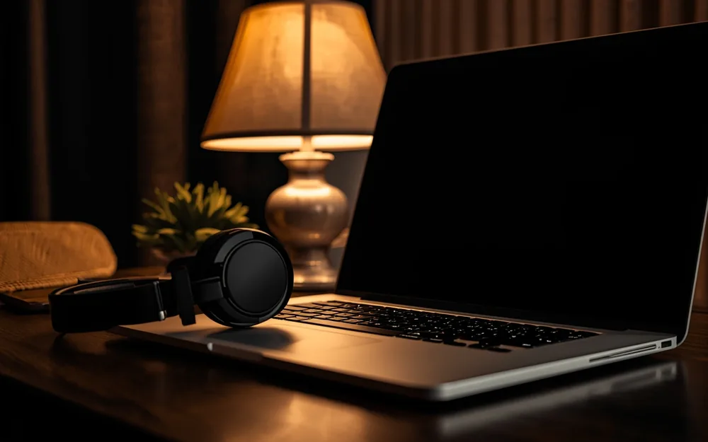 Headphones beside a laptop at night
