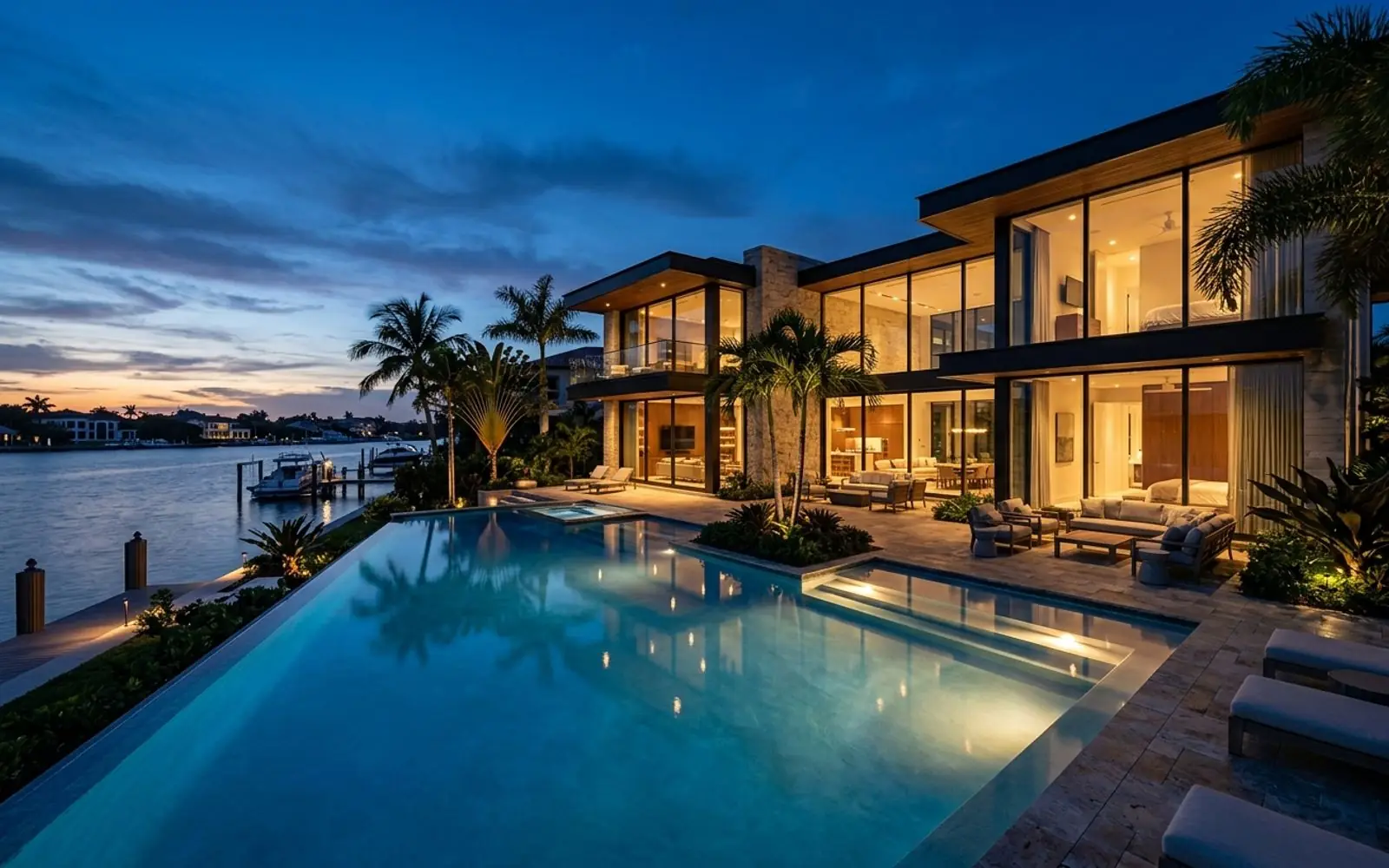 Modern luxury home with a pool at twilight