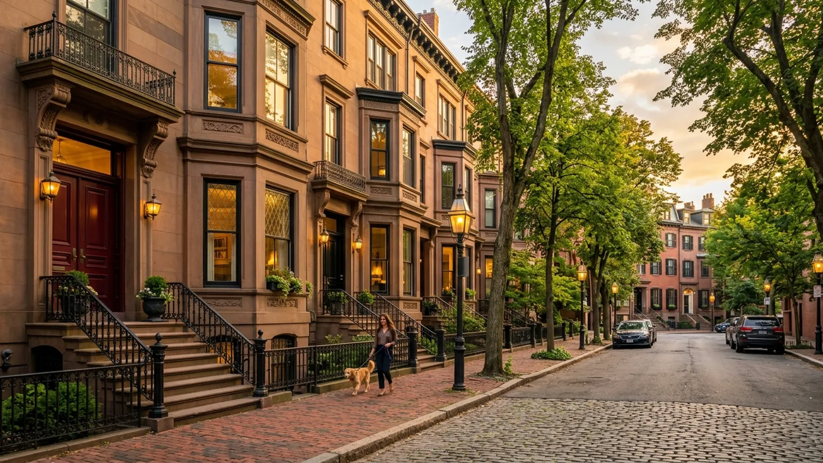 Brownstone townhomes on a Boston street