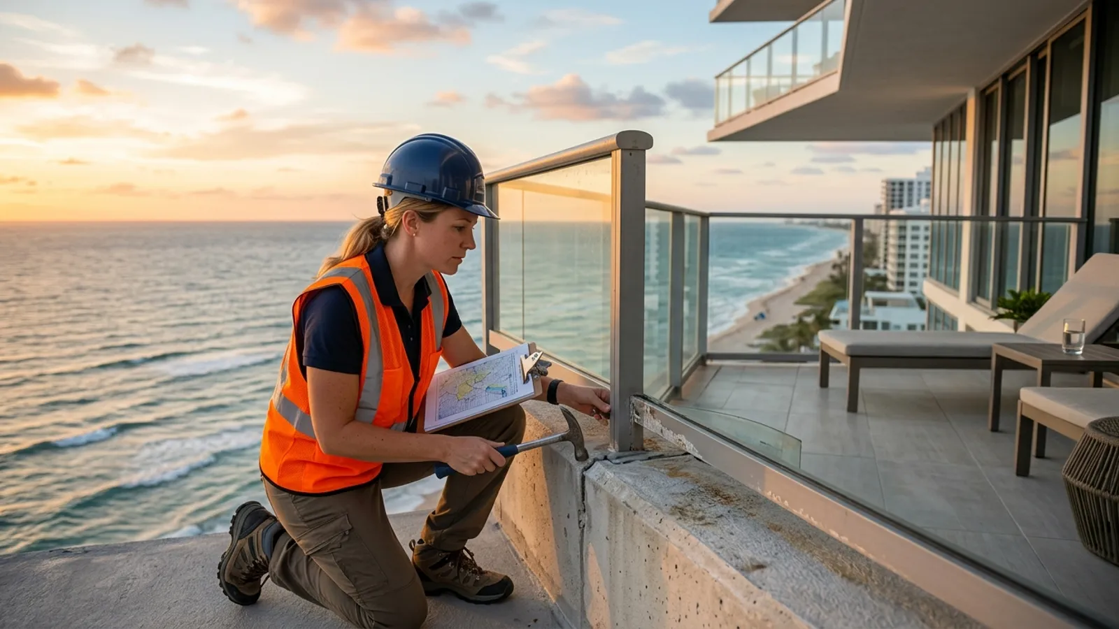 Engineer inspecting a coastal condo balcony