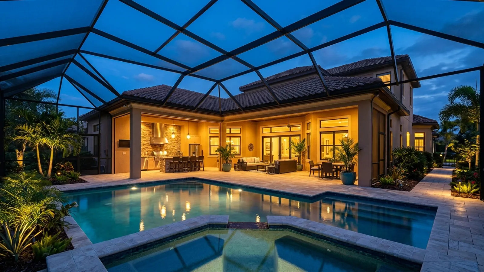 Florida pool home with screened lanai at dusk