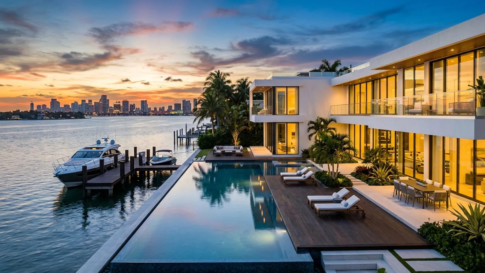 Modern waterfront estate with pool and dock in Miami