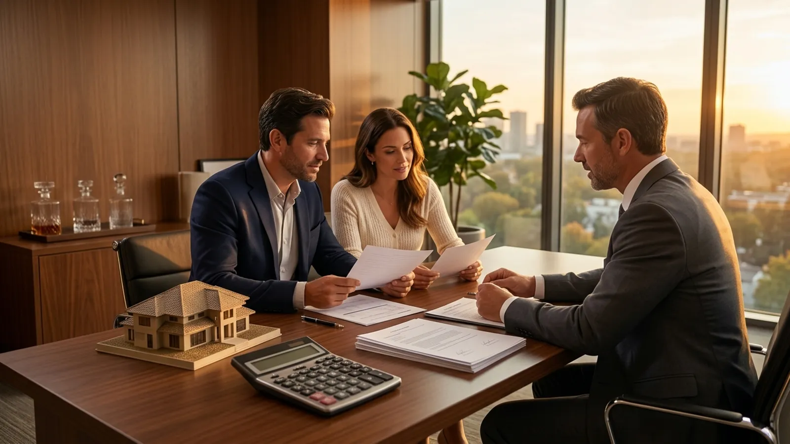 Couple reviewing mortgage papers with an advisor