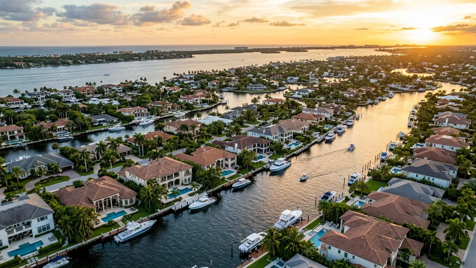 Aerial view of a Florida waterfront neighborhood