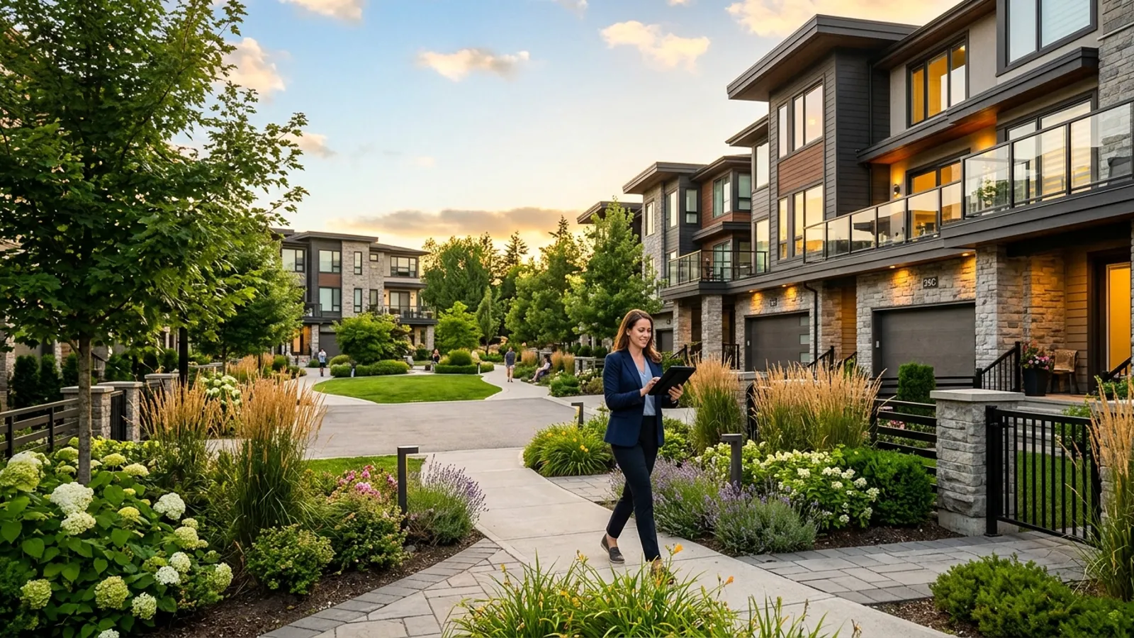 Property manager walking well kept rental homes