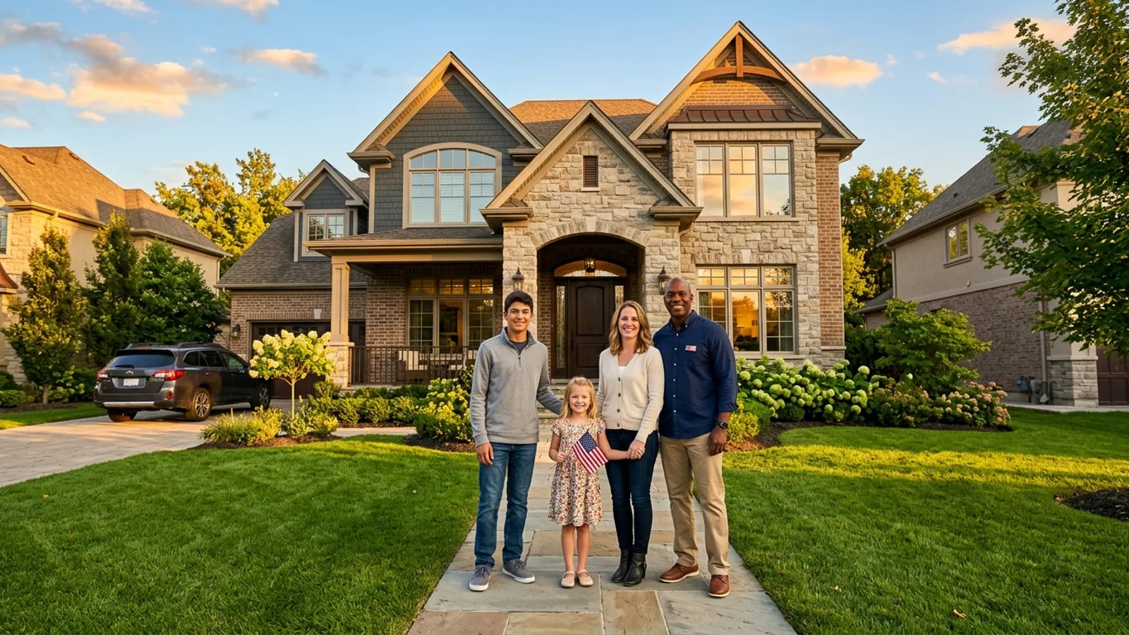 Veteran family in front of their new home