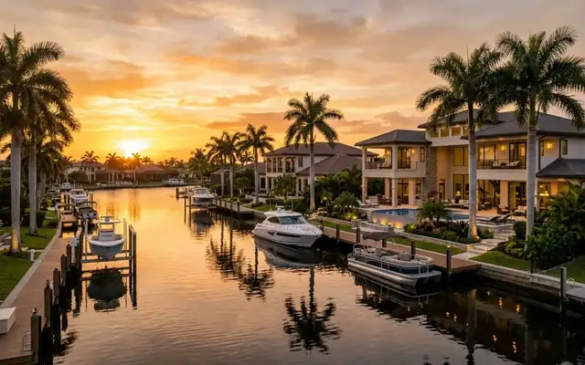 Cape Coral canal homes at sunset