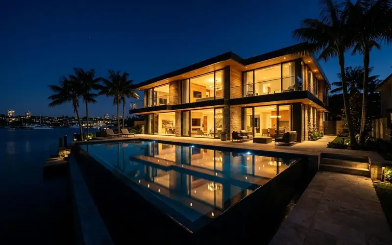 Waterfront home at night
