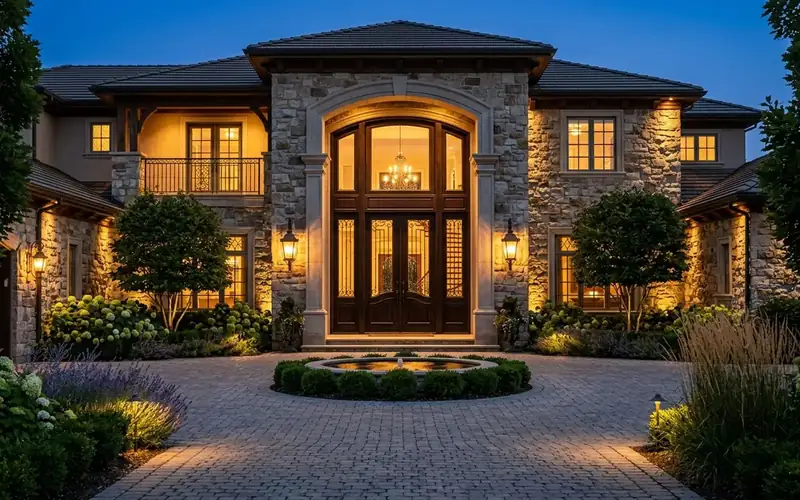 Grand luxury home entrance at dusk